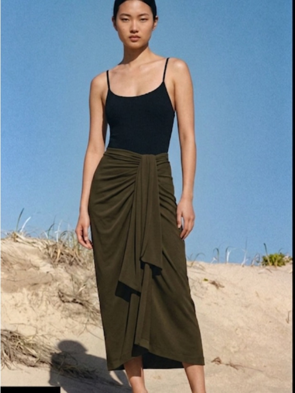 Zara Olive green Draped Midi Skirt